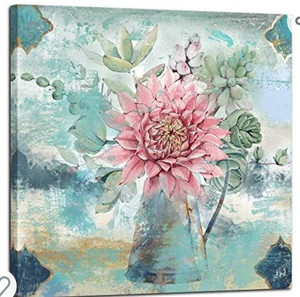 lot 45121 image: Anolyfi Pink Flower Canvas Wall Art, Blossom Painting Aqua Cactus Plants