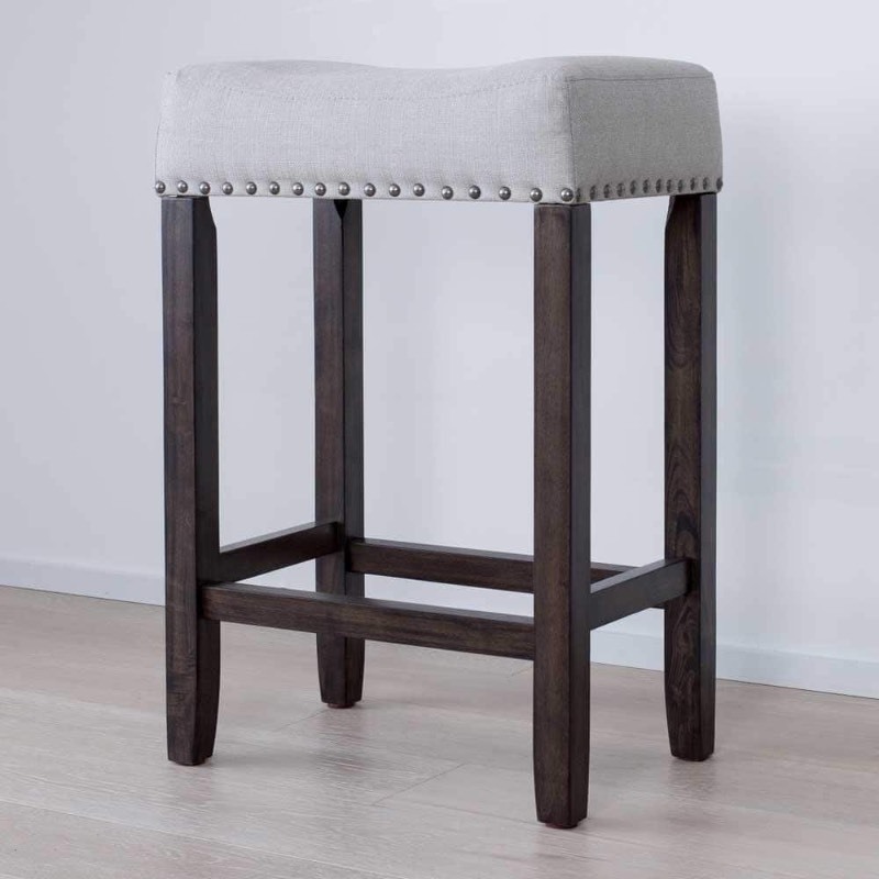 lot 5829 image: Nathan James Hylie Nailhead Wood Pub-Height Counter Bar Stool 24 Gray Fabric Cushion Dark Brown Finish -unknown hardware
