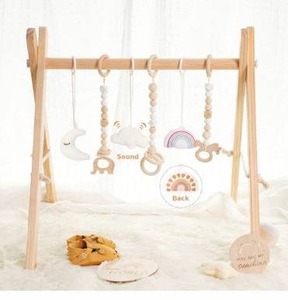 lot 3189 image: Baby Play Gym Wooden Baby Gym with 6 Toys Foldable Play Gym Frame Activity Gym Hanging Bar Baby Toy White