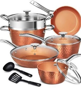 lot 3218 image: MICHELANGELO Copper Pots and Pans Set, Nonstick Copper Cookware 12 Piece, Hammered Pots and Pans Set, Kitchen Cookware Sets with Fry Pans, Stock Pans, Lids, Cooking Utensils - Induction Compatible