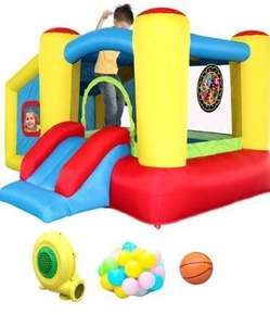 lot 3221 image: WELLFUNTIME Inflatable Bounce House with Blower, Jumping Castle Slide, Kids Bouncer with Ball Pit, Basketball Rim, Dart Target Game
