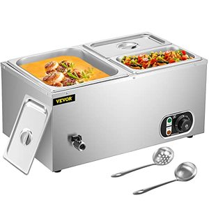 lot 3268 image: VEVOR 110V Commercial Food Warmer 1x12GN and 2x14GN, 3-Pan Stainless Steel Bain Marie 24 Qt Capacity,1500W Steam Table 15cm6inch Deep,Temp. Control 86-185, Electric Soup Warmer w Lids & 2 Ladles