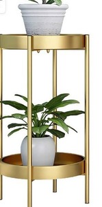 lot 3330 image: ZEETOON 24in Modern Tall Plants Stand Gold, Orchid Display Rack Potted Plant Holder Metal Shelf 2 Round Tray Set, Foldable Sturdy Flowers Pot Base Indoor Outdoor Home Decor Fit Up-to 12 Inch Planter