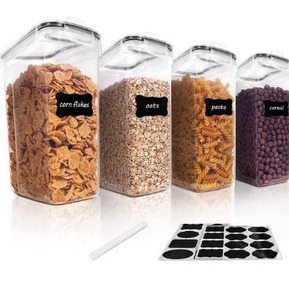 lot 3359 image: Vtopmart Cereal Storage Container Set, BPA Free Plastic Airtight Food Storage Containers 135.2 fl oz for Cereal, Snacks and Sugar, 4 Piece Set Cereal Dispensers with 24 Chalkboard Labels, Black