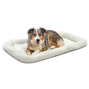 lot 3373 image: 42L-Inch White Fleece Dog Bed or Cat Bew w Comfortable Bolster  Ideal for Large Dog Breeds & Fits a 42-Inch Dog Crate  Easy Maintenance Machine Wash & Dry