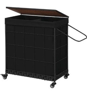 lot 3378 image: Laundry Hamper with Wood Lid and Divided Liner Bag Durable Laundry Basket with Heavy Duty Rolling Lockable Wheels Clothes Hamper with Removable Liner Bag Laundry Sorter with Metal Handle (Black)