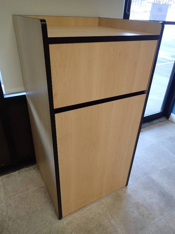 lot 1571 image: Light Laminated Trash Can Dispenser Cabinet
