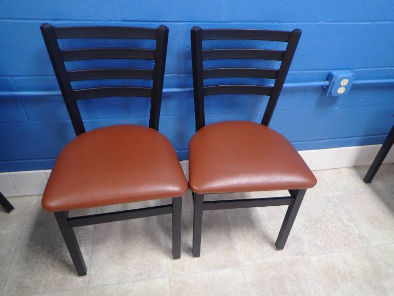 lot 1532 image: (2) Metal Ladder Back Brown Vinyl Padded Dinning Chairs