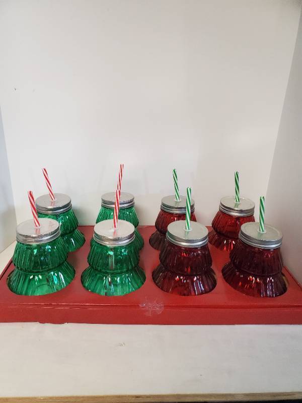 lot 1117 image: Lot of 8 Christmas Tree Jars with Lids and Straws