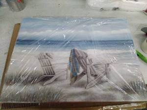 lot 29847 image: Abstract Seascape Canvas Wall Art Beach Chair on Sand Painting Print  (24W x 18H)