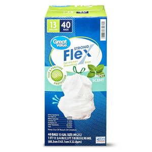 lot 29895 image: Great Value Tall Kitchen Trash Bags, 13 Gallon, 40 Bags (Mint Scent, Strong Flex)
