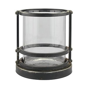 lot 29927 image: Stonebriar Industrial Black Metal Cage Pillar Candle Holder with Removable Glass Hurricane, Decorative Rustic Design, Small