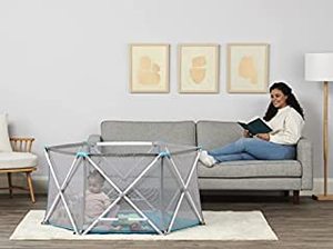 lot 30313 image: Regalo My Portable Play Yard Indoor and Outdoor, Washable, WhiteGrayTeal, 6-Panel (B0B3BMK8JB)