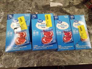 lot 30351 image: Great Value Double Zipper Quart Freezer Bags Mega Pack (Set of 4)  (See photos)  (SOLD AS IS)