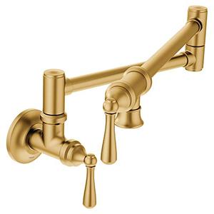 lot 31144 image: Moen S664BG Traditional Wall Mount Swing Arm Folding Pot Filler Kitchen Faucet, Brushed Gold
