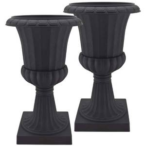 lot 31150 image: Arcadia Garden Products 16x27 Deluxe Pedestal Plastic Urn Planter, Black  (Set of 2)
