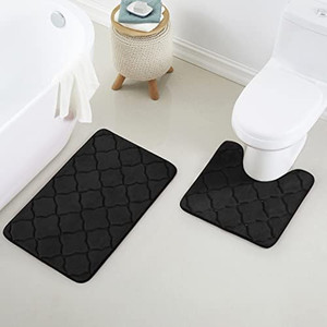 lot 31753 image: Luxury Home Fashion 2 Piece Geometric Design Embossed Solid Color Memory Foam Soft Bathroom Rug Set Non-Slip PVC Backing, Black