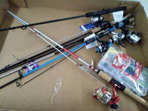 lot 31774 image: Multiple Different Fishing poles and Reels WBait Box (SOLD AS IS)