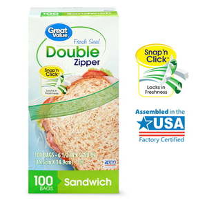 lot 31783 image: Great Value Fresh Seal Double Zipper Sandwich Bags  (100ct) (2 Pack)