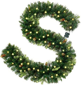 lot 30549 image: 7FT Pre-lit Christmas Garland, Battery Operated with 50 LED Lights, Xmas Garland with Pine Cones and Timer, Christmas Holiday for Indoor & Outdoor - not exact stock photo