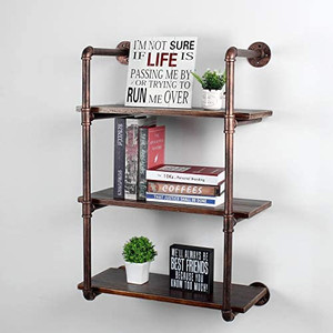 lot 31914 image: MBQQ Industrial 3 Tier 24 Inch Pipe Wall Mounted Shelves, Rustic Floating Shelves, Farmhouse Kitchen Bar Shelves Home Decor, Wall Hanging Book Shelves, Red Copper
