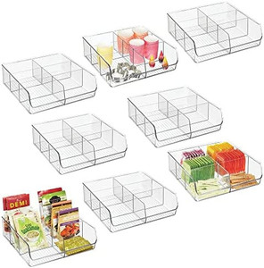 lot 31915 image: mDesign Wide Plastic Food Storage Organizer for Kitchen, Pantry, Cabinet, Countertop - Holds Baking Supplies, Spices, Bags, Dressing Mixes, Tea, Sugar Packets, 6 Sections, Pack of 8 - Clear