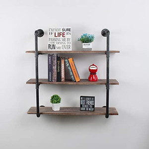 lot 31921 image: Industrial Wall Mounted Floating Shelves, 3ft Rustic Pipe Wall Shelf, 3 Tier Wall Shelf, DIY Storage Floating Shelf, Wall Shelf, Wall Book Shelf for Home, Retro Black