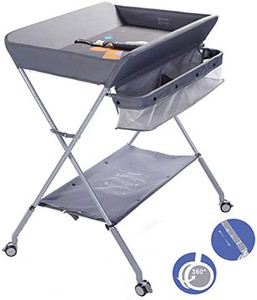 lot 31928 image: EGREE Baby Changing Table Portable Folding Diaper Changing Station with Wheels, Adjustable Height Mobile Nursery Organizer with Safety Belt and Large Storage Racks for Newborn Baby and Infant, Gray