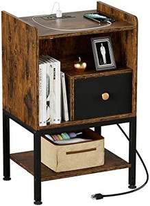 lot 31949 image: Gannyfer Nightstand with Charging Station, Nightstand with USB Ports and Storage Drawer, Morden 3-Tier End Table, Small Wood Nightstand for Bedroom Living Room, Rustic Brown