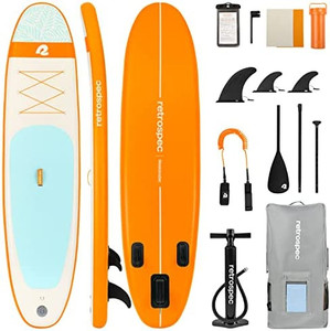 lot 46802 image: Retrospec Weekender 10 Inflatable Stand Up Paddleboard ISUP Bundle with Carrying Case, 3 Piece Adjustable Aluminum Paddle, 3 Removable Fins, Pump, and Cell Phone Case -Retails for $349 - may not be exact stock photo
