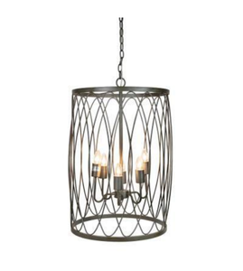 lot 46809 image: 3-Light Cast Iron Pendant Lamp with Modern Open Wire Shade - may not be the exact stock photo