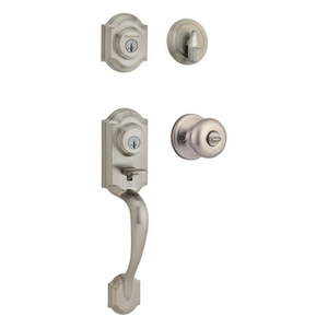 lot 3617 image: Kwikset 95530-018 Satin Nickel Montara Two-Point Locking Single Cylinder Handleset With Juno Knob