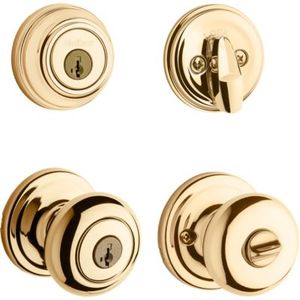 lot 3624 image: Kwikset 991 Juno Keyed Door Knob and Sgl Cyl Deadbolt Combo Pack in PB