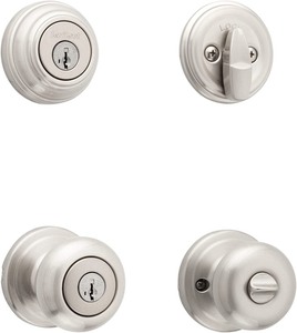 lot 2611 image: Kwikset 991 Juno Keyed Entry Door Knob and Sgl Cyl Deadbolt Combo Pack in SN, Silver