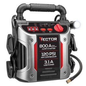 lot 3722 image: Vector 800 Peak Amp Jump Starter, 120 PSI Air Compressor, Three USB Charging Ports, Rechargeable, Silver, 1 x 1