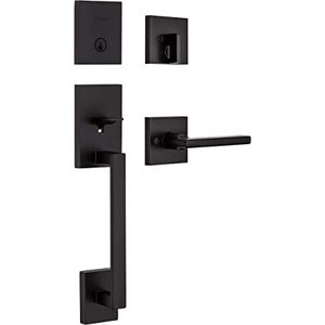 lot 3725 image: Kwikset 98180-020 San Clemente Single Cylinder Low Profile Front Lock Handleset with Halifax Door Handle Lever Featuring SmartKey Security, Matte Black (B07SNK9GX5)