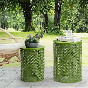 lot 10346 image: Glitzhome Nesting Side Table Set of 2 Decorative Garden Stools for Indoor Outdoor Heavy Duty Metal Frame Side Table Modern End Table, Glossy Green