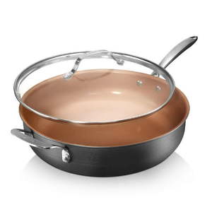 lot 10380 image: Gotham Steel 5.5 Quart Multipurpose Non-stick Jumbo Cooker with Glass Lid Stainless Steel Handle & Helper Handle Oven & Dishwasher Safe Copper
