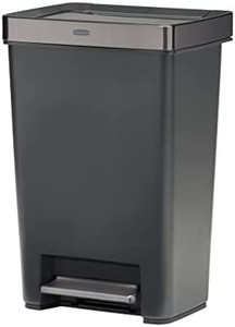 lot 20971 image: Rubbermaid Premier Series IV Step-On Trash Can for Home and Kitchen, with Stainless Steel Lid, 12.4 Gallon, Charcoal