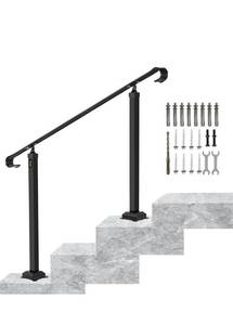 lot 40802 image: VEVOR Handrails for Outdoor Steps, Fit 1-3 Steps Outdoor Stair Railing, Wrought Iron Handrail, Adjustable Front Porch Hand Rail, Black Transitional Hand railings for Concrete Steps or Wooden Stairs