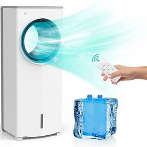 lot 110 image: Evaporative Air Cooler, Bladeless Tower Fan & Humidifier with 3 Modes, Portable Swamp Fan with Oscillation, 3 Speeds, 1 Gallon Water Tank, Remote Control, Timer, for Home Indoor
