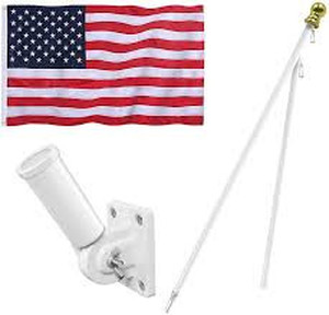 lot 126 image: KEMNOLE American Flag Pole Kit, 2x3 Ft US Flag with Embroidered Stars, Sewn Stripes, Brass Grommets, 6FT Spinning Flag Pole Silver Colored, White Multi-Position Flag Pole Holder