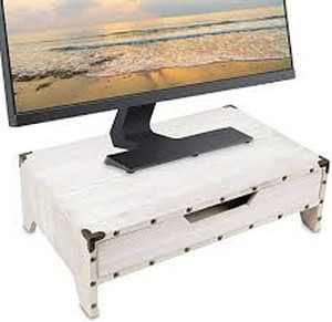 lot 236 image: Ikee Design Wooden Monitor Stand with Drawer Riser and Metal Corner Protector, Wood Clutter-Free Desk Stand with Storage Organizer, Pull Out Drawers and 3 Compartments, 16 12W x 10 14D x 5 18H