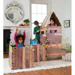 lot 317 image: HearthSong 16 Panel Cabin Style Fantasy Forts Indoor Fort Building Kit for Kids 4 and up with Sturdy 22 Inch Square Cardboard Panels and Hook and Loop Connectors