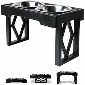 lot 326 image: Pet Zone Designer Diner Adjustable Elevated Dog Bowls for Large Dogs, Medium and Small - Raised Dog Bowl Stand 2 Dog Food Bowls for Food and Water Double Stainless Steel, 3 Heights, 2.75��, 8, & 12