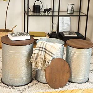 lot 2619 image: Farmhouse Accent Side Table - Galvanized Rustic End Table. Metal Storage Bin Wood Cover. Coffee or Cocktail Table. Nesting Pieces (Farmhouse)