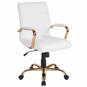 lot 2735 image: Flash Furniture - Mid-Back Executive Swivel Office Chair with Metal Frame and Arms - White LeatherSoftGold Frame