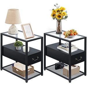 lot 2774 image: VECELO End Side Table, Tall Nightstand with Drawer and Shelf, Set of 2 Narrow Night Stand for Small Spaces,Living Room Bedroom Lounge Office,Tempered Glass, 2, Black