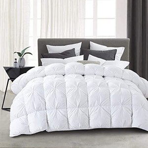 lot 3425 image: HOMBYS 120x120 Oversized King Feather and Down Comforter, Pinch Pleat Super Palatial King Duvet Insert with 100% Cotton Cover, White Fluffy Thick Comforter with Corner Tabs for All Season Warmth