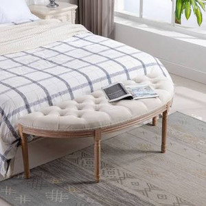 lot 3428 image: VONLUCE Half Moon French Vintage Bench with Padded Seat & Rubberwood Legs, 49 Upholstered Entryway Bench & Dining Bench, Tufted Fabric End of Bed Bench for Bedroom Living Room Hallway More, Beige